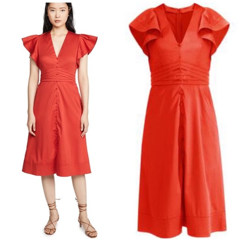 Flattering Veronica Beard Sada Red Button Front Ruffle Sleeve Midi Dress